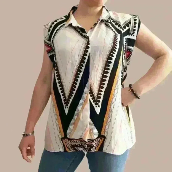 Bold Abstract Shapes Sleeveless Blouse 90s - Picture 4 of 5